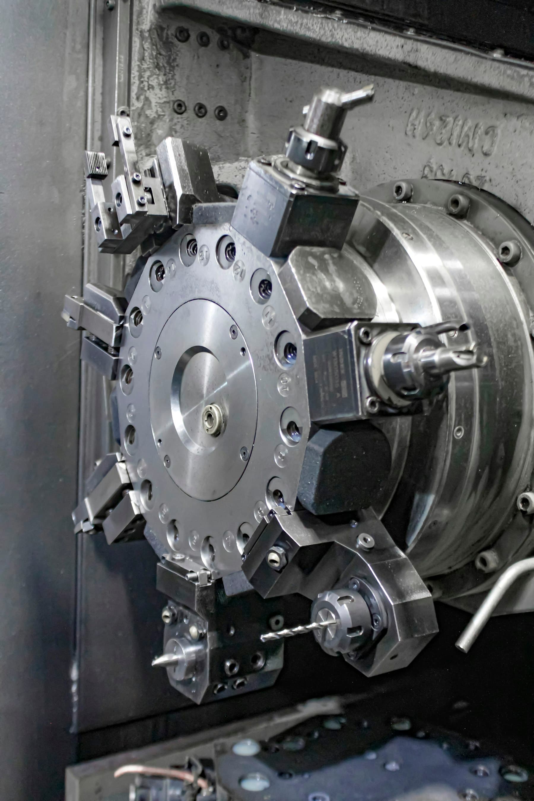 A component mounted in a machine chuck with a freshly cut face