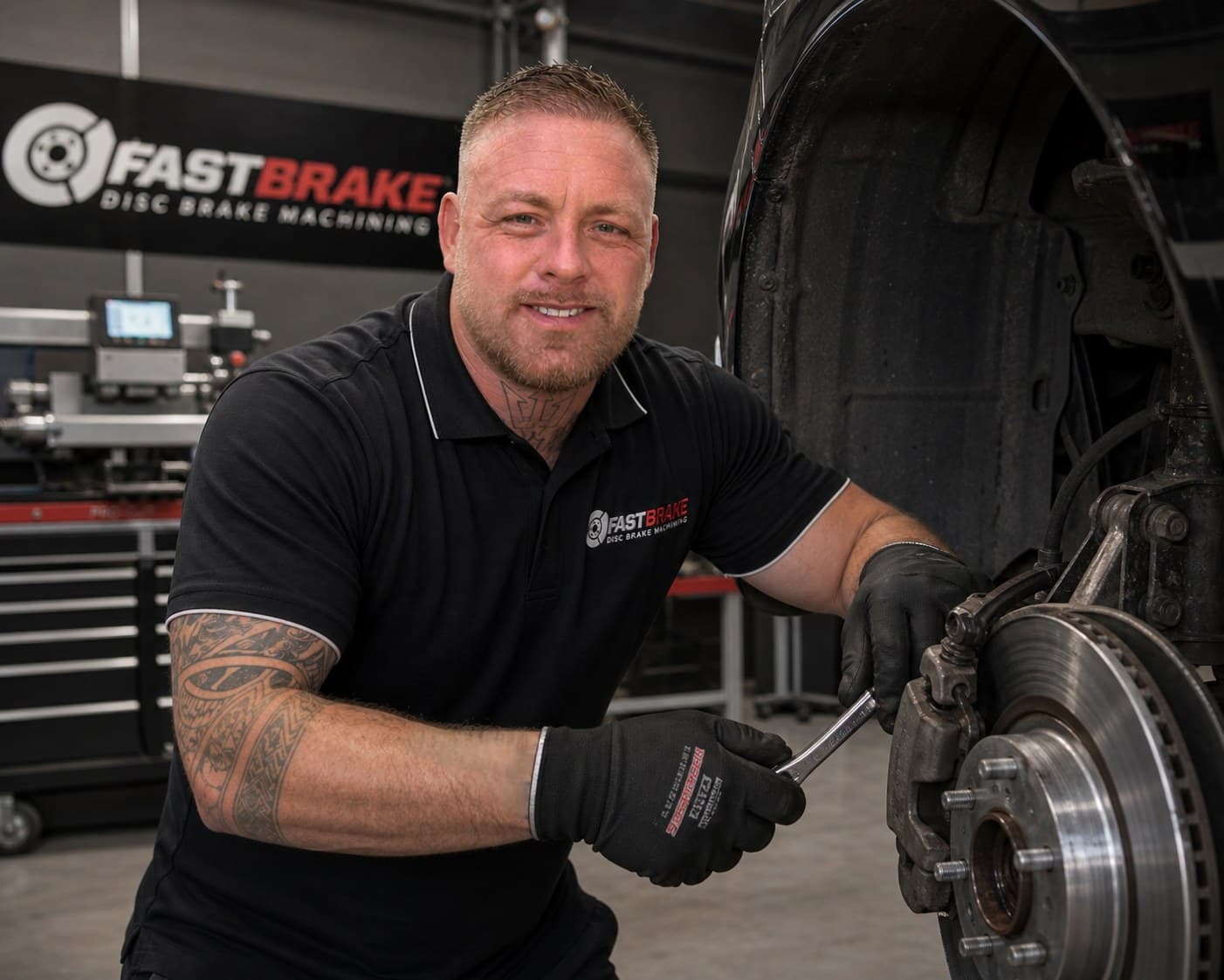 The owner of Fastbrake working on a vehicle's brake disc and caliper