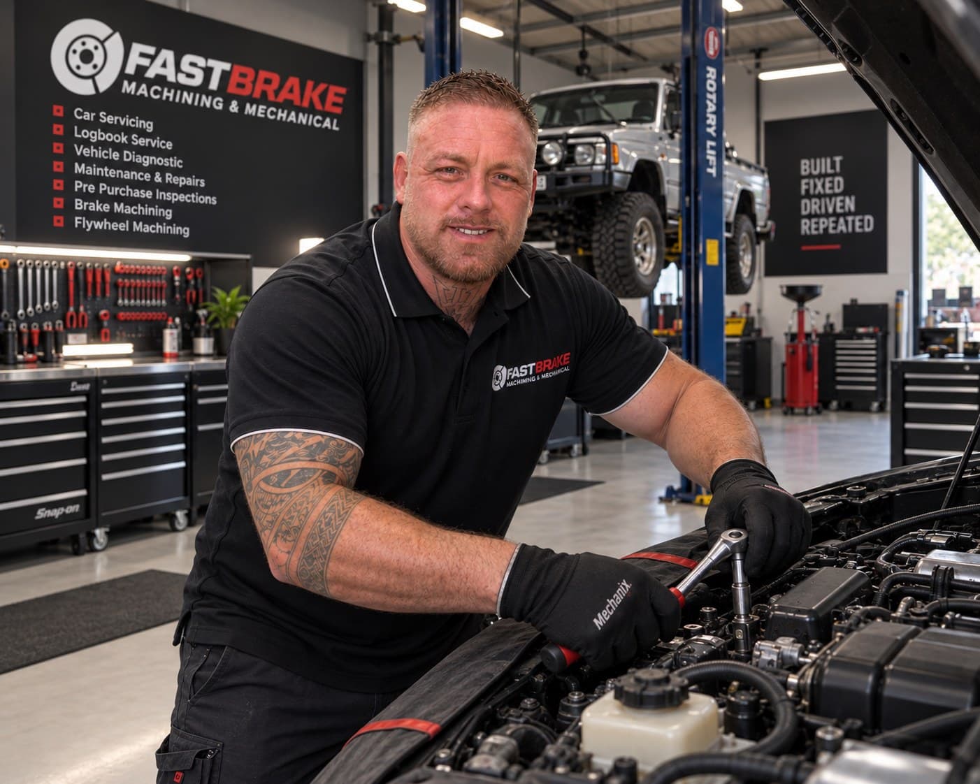 The owner of FB Mechanical & Machining working on an engine